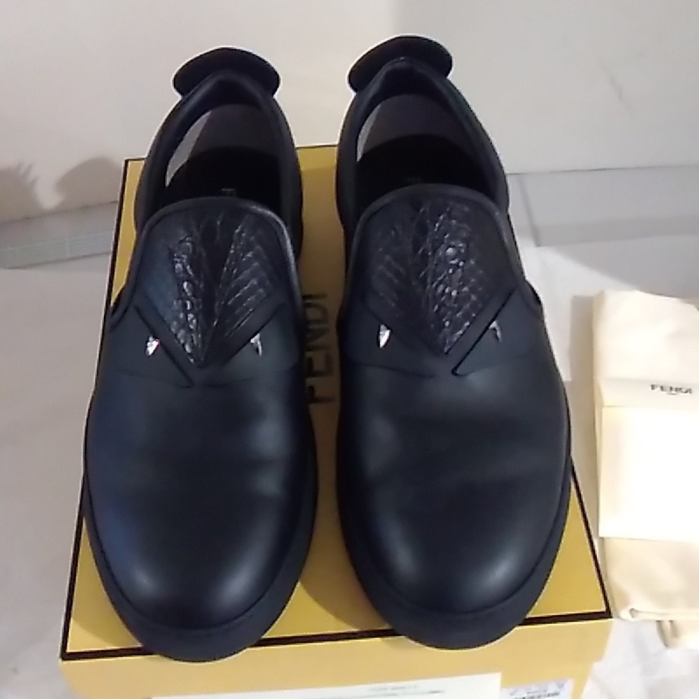 Fendi Mens Black Loafers With Silver Spike Adornments Size 12 Made In Italy